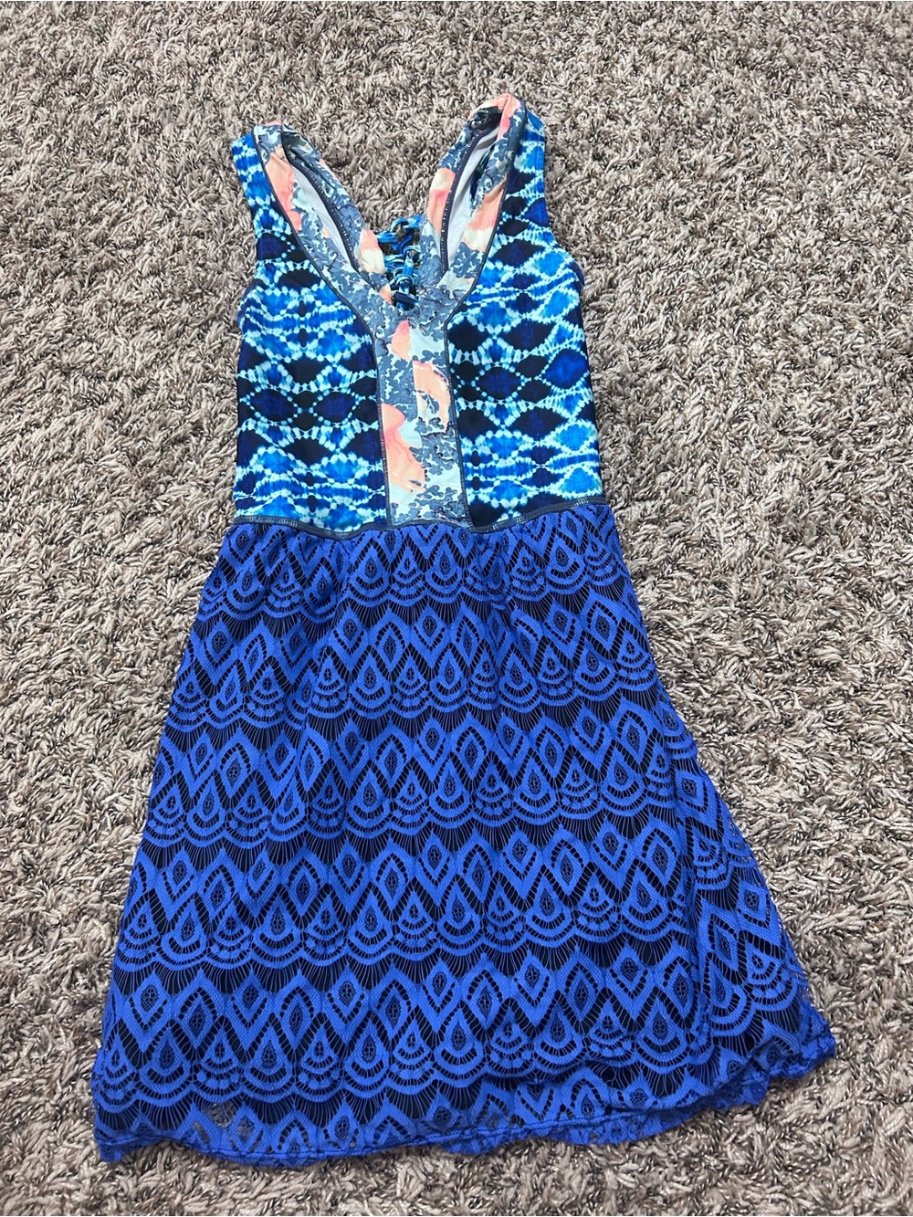 Maaji Blue Mixed-Print Lace-Trim Swimsuit Dress